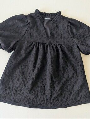 Mascomoda V-Neck Textured Puff Sleeve Babydoll Blouse Top Sz M Black